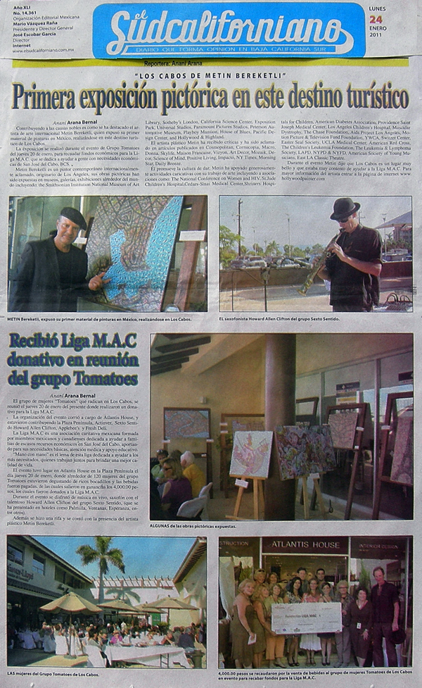 Hollywood's Healing Painter Painter Metin&nbsp;Bereketli covered by SUDCALIFORNIANO Newspaper, CABO, MEXICO, January 2011